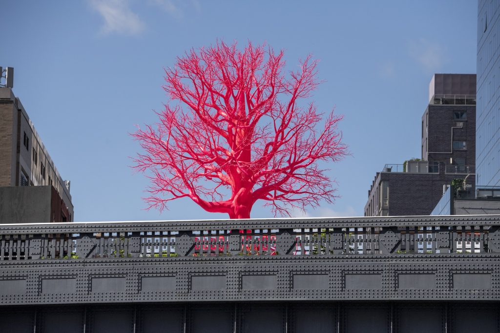 See Artist Pamela Rosenkranz’s New High Line Plinth Commission: a Hot Pink Tree Planted Amid New York`s Skyscrapers